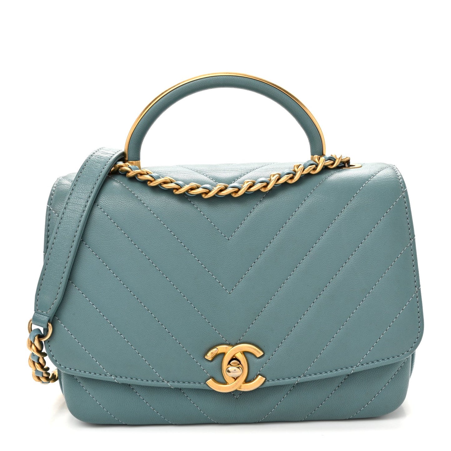 Lambskin Chevron Quilted Gold Top Handle Flap Bag Blue
