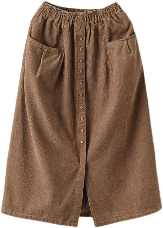 Women Khaki elastic waist button Pockets Corduroy Skirts