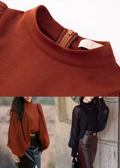 New Red Wrinkled Zippered Solid Chiffon Patchwork Blouses Fall