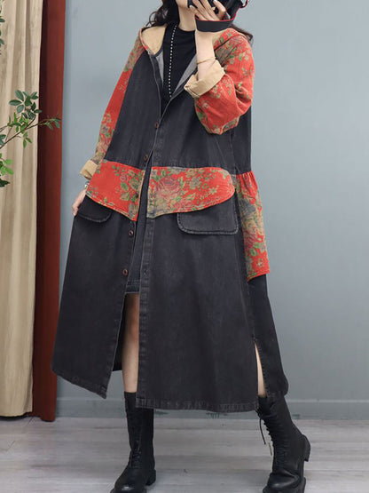Women Denim Patchwork Print  Hooded Long Coat