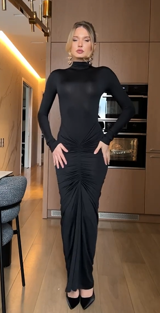 Black Turtleneck Long Sleeve Front Ruched Bodycon Slimming Maxi Dress