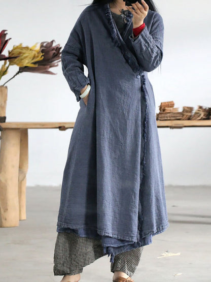 Women Artsy Worn Burrs Solid Button Irregular Long Coat