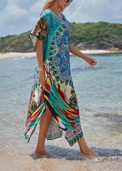 Elegant Blue Print Cotton V Neck Beach Gown Ankle Dress