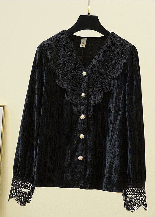DIY Coffee V Neck Lace Patchwork Silk Velour Shirt Long Sleeve