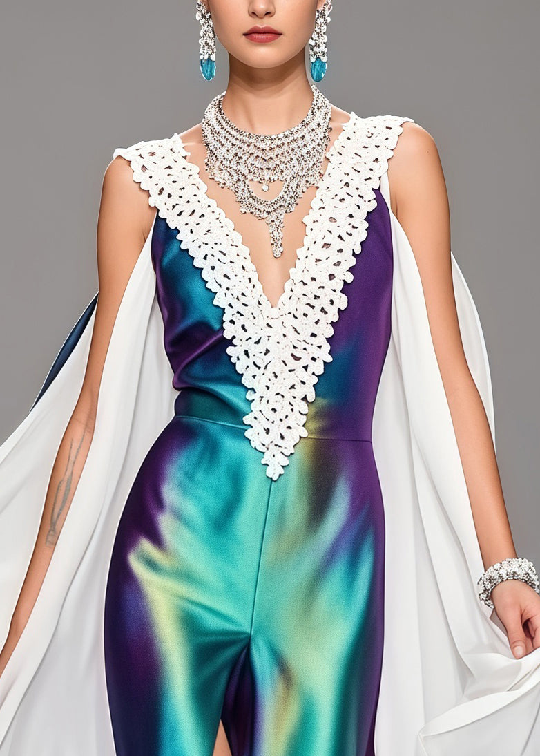 Plus Size Gradient Color V Neck Patchwork Silk Vestidos Dress Sleeveless