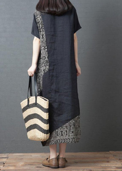 Loose Black O-Neck Patchwork Pockets Summer Holiday Dress Short Sleeve
