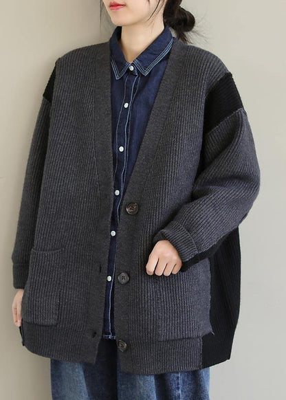 For  Gray Knitted Pullover V Neck Button Downfall Fashion  Knit Ssweat Tops