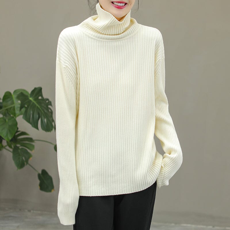 Women Solid Stripe Knitted Turtleneck Winter Sweater