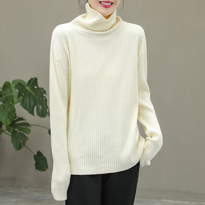 Women Solid Stripe Knitted Turtleneck Winter Sweater