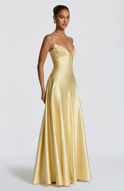 Yellow Satin V-Neck Spaghetti Strap Lace-Up Back A-Line Evening Gown