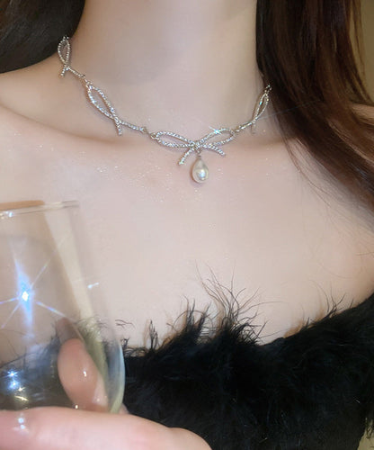 Chic Silk Alloy Zircon Bow Pearl Pendant Necklace