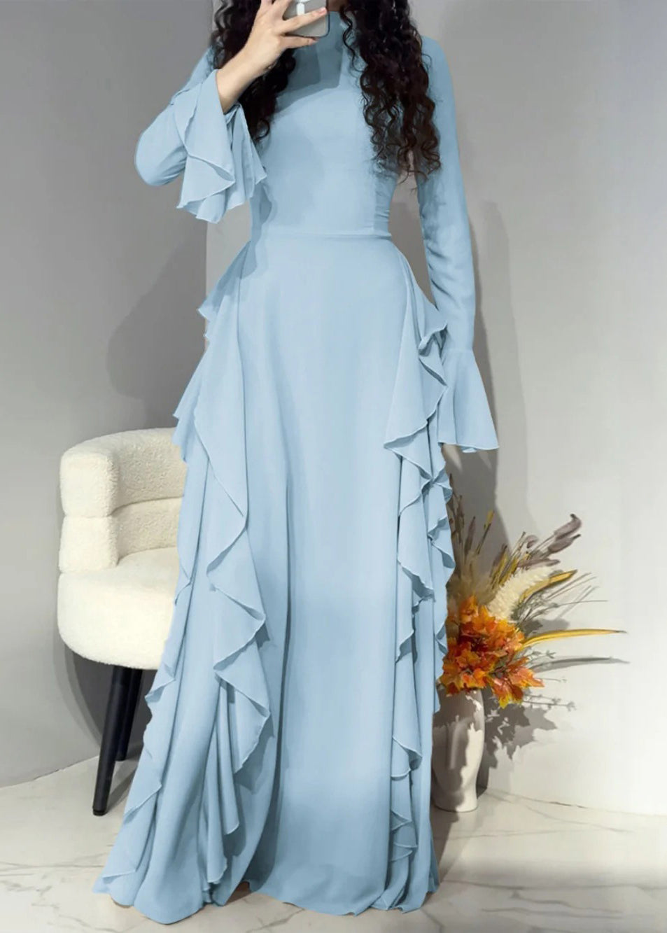 Elegant Pink Solid High Waist Chiffon Maxi Dresses Flare Sleeve