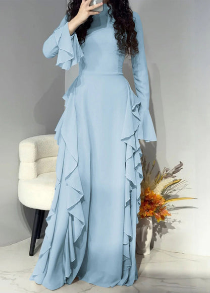 Elegant Pink Solid High Waist Chiffon Maxi Dresses Flare Sleeve
