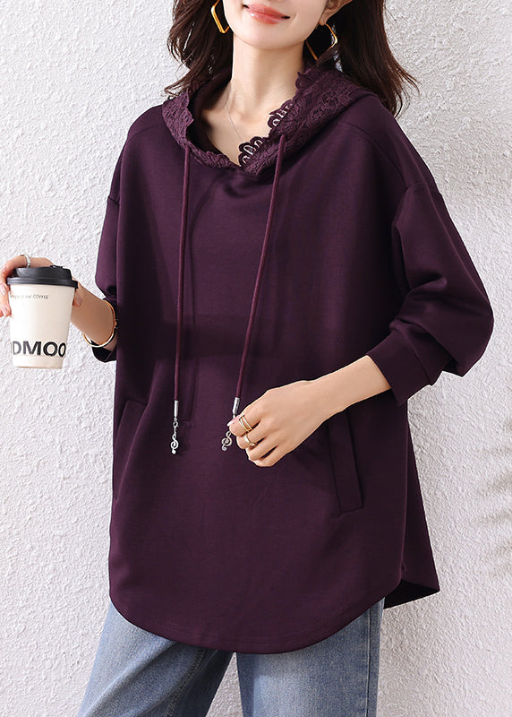 Bohemian Purple Hooded Cotton Loose Sweatshirts Top Fall