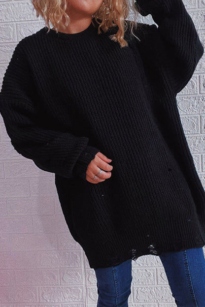 Street Solid Ripped O Neck Tops