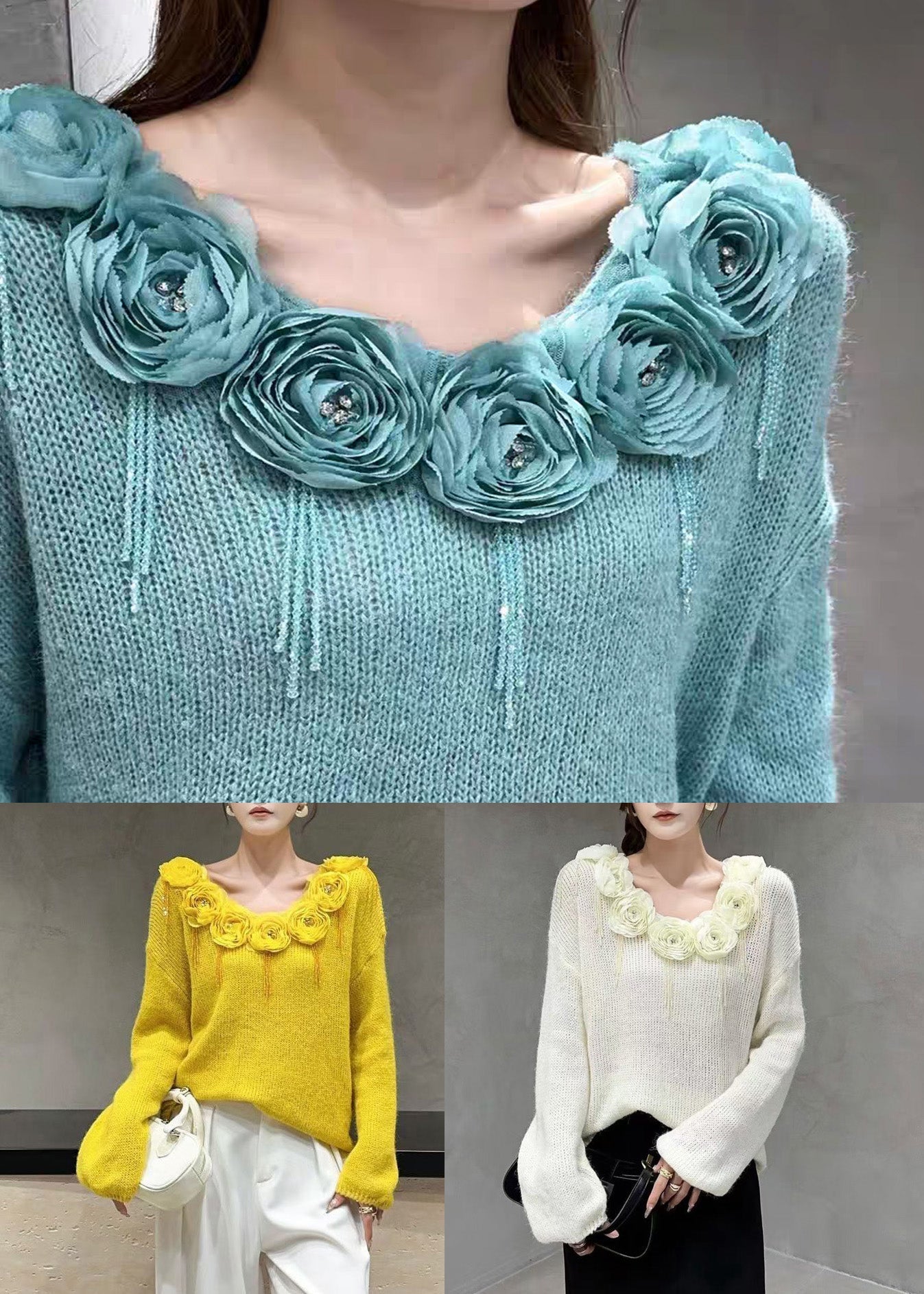 Floral Beige V Neck Nail Bead Cozy Knit Sweater