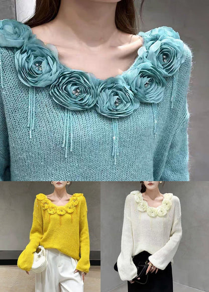 Elegant Blue Floral Zircon Patchwork Knit Sweaters Fall