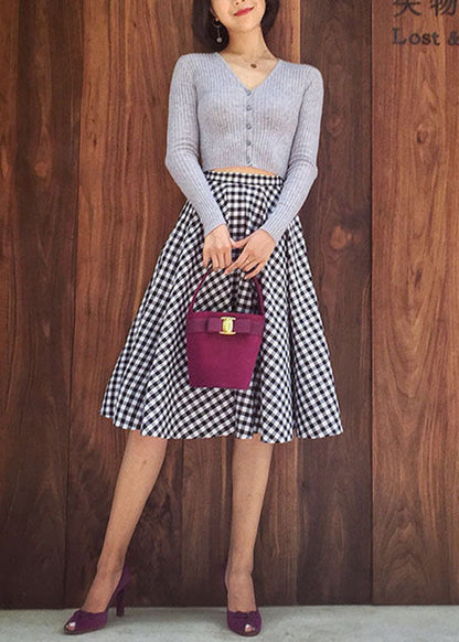 Women Black White Plaid High Waist Cotton A Line Skirts Spring
