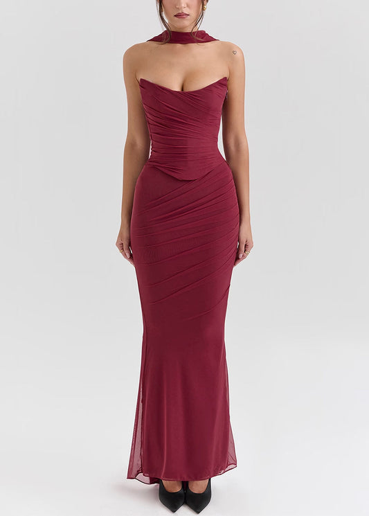 Women Mulberry Cold Shoulder Wrinkled Tulle Vacation Dresses Summer