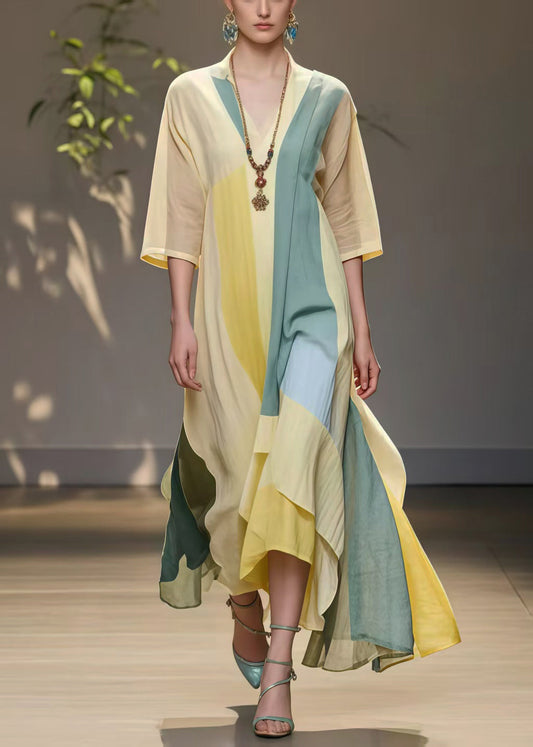 Beautiful Yellow Asymmetrical Exra Large Hem Cotton Holiday Dress Summer