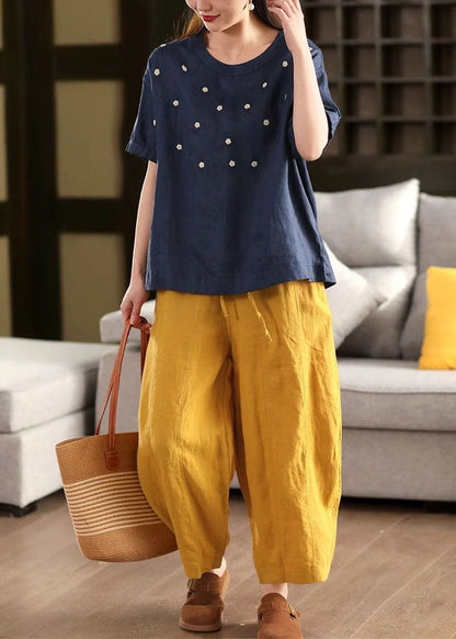 Casual White O-Neck Embroideried Linen Tops Summer