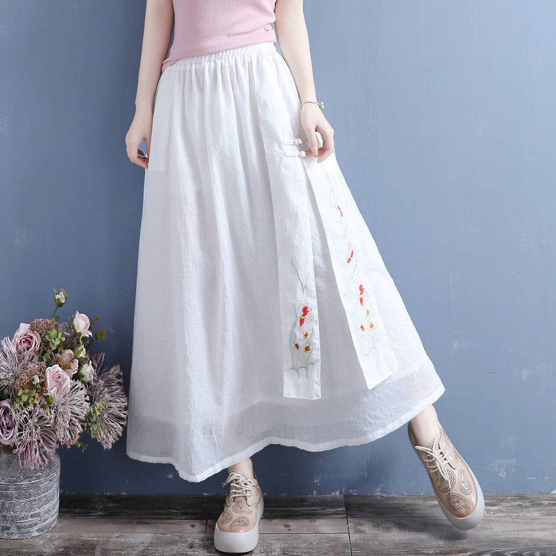 Cozy Retro Loose Cotton Linen Embroidery Skirt