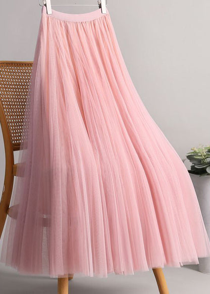 Loose Pink Elastic Waist Tulle A Line Skirts