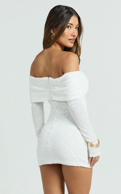 Virginia Mini Dress - Off Shoulder Sheer Sequin Knit Dress In White