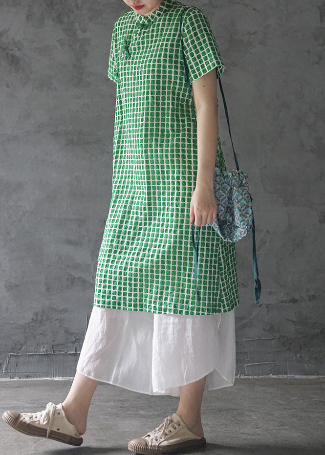 Elegant Green Mandarin Collar Button Plaid Cotton Dresses Short Sleeve