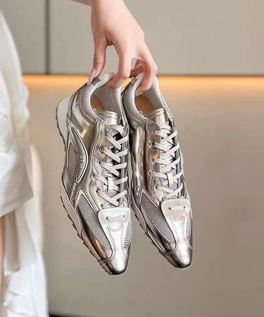 Silver Faux Leather Lace Up Splicing Fashion Sport Shoes Pointed Toe