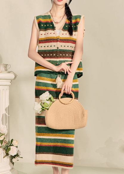 Elegant Colorblock V Neck Striped Knit Waistcoat And Maxi Skirts Two Piece Set Sleeveless