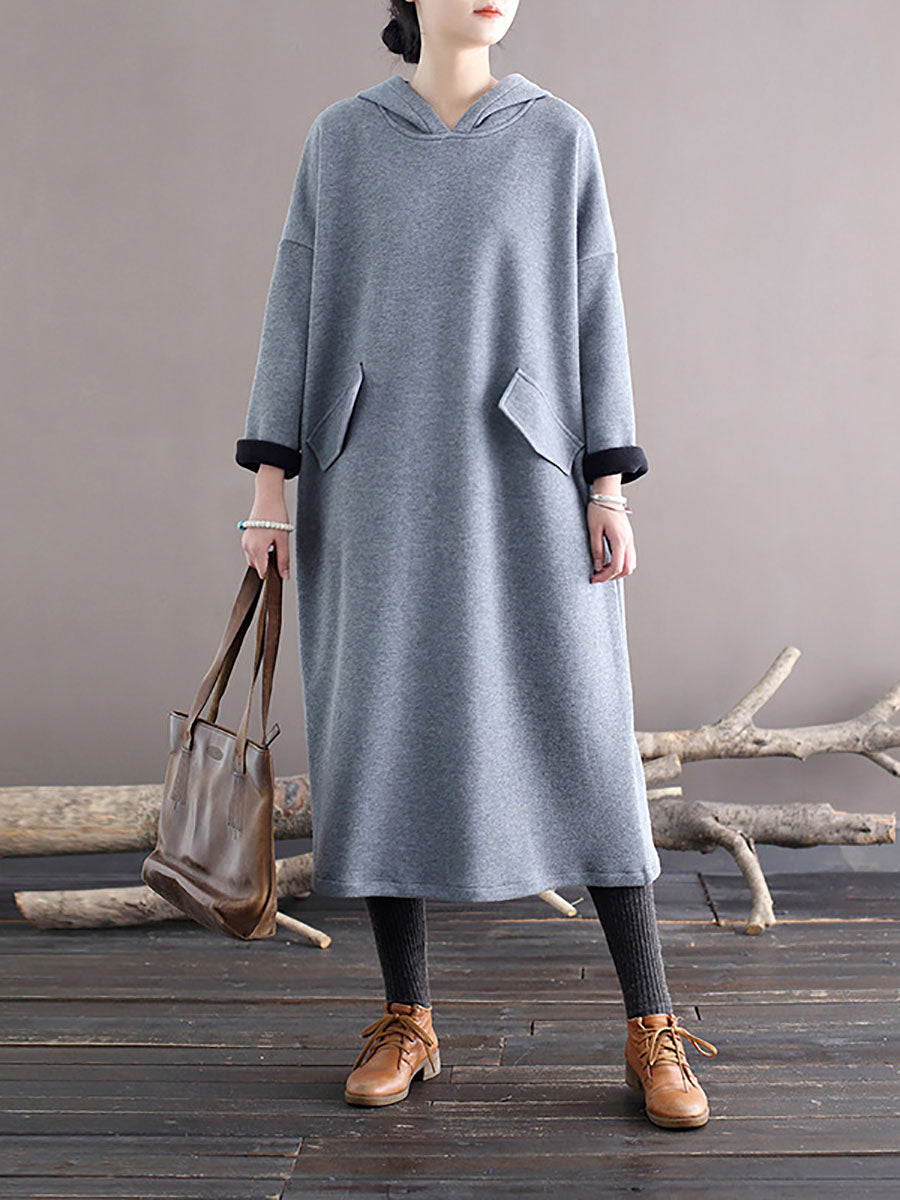 Women Winter Casaul Solid Loose Thick Hooded Dress