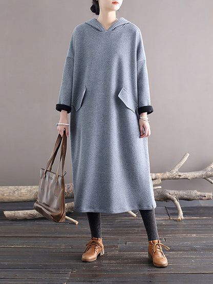 Women Winter Casaul Solid Loose Thick Hooded Dress