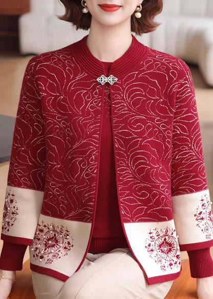 Red O-Neck Print Knit Coats And Sweaters Two Pieces Set Fall