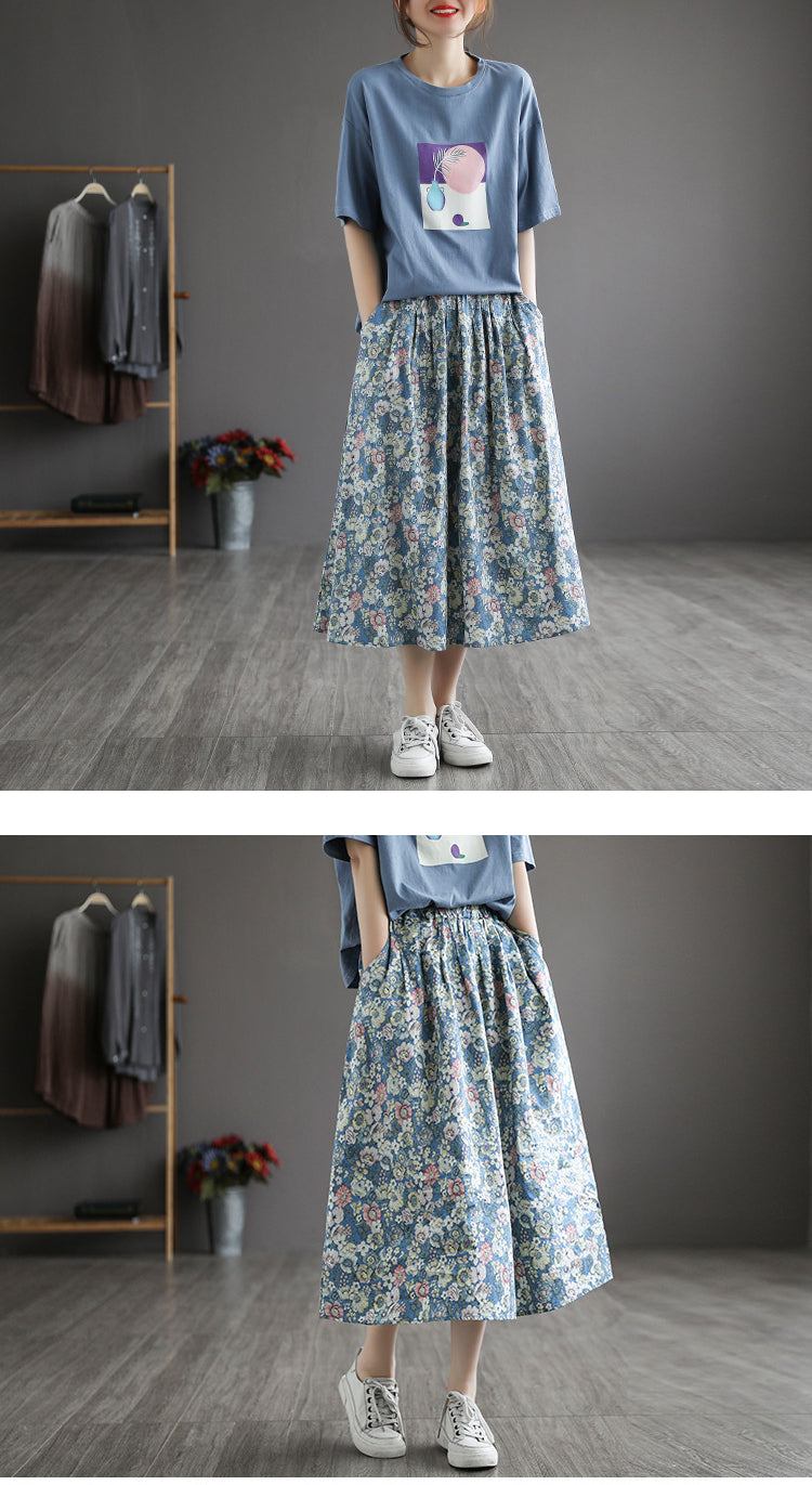 Literary Pleated Elastic Waist Floral A-Line Skirt
