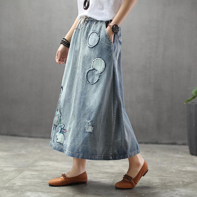 Cozy Thin Cartoon Embroidered Patch Swing  Denim Skirt