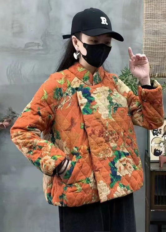 Vintage Orange Oversized Print Fine Cotton Filled Coats Winter