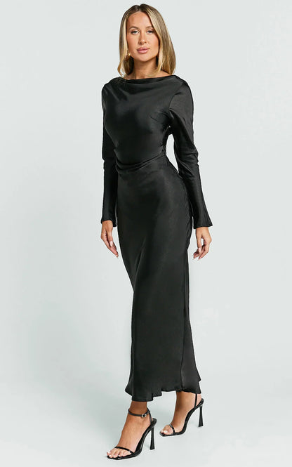 Arriana Midi Dress - Long Sleeve Cowl Back Satin Dress In Black