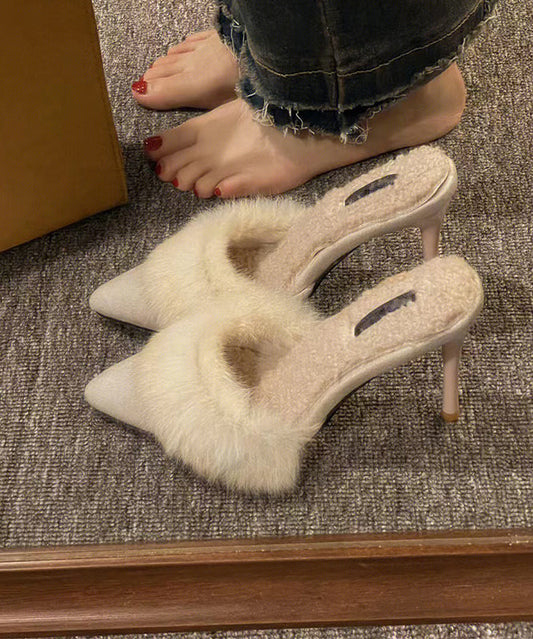 2025 New Pink High Heels Slippers Pointed Toe Fuzzy Wool Lined