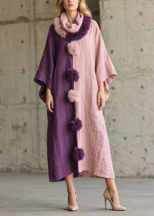 Art Asymmetrical Patchwork Fuzzy Ball Decorated Vacation Dresses Batwing Sleeve