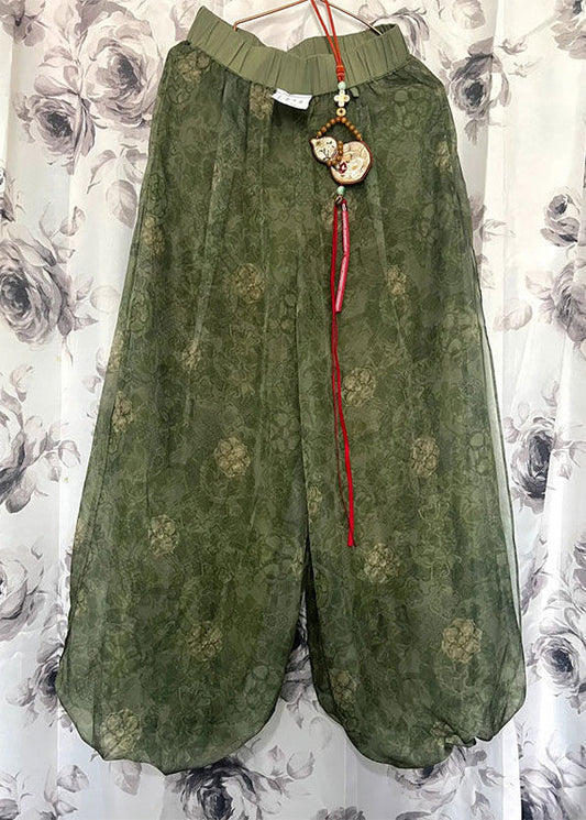 Vintage Green Print Elastic Waist Tulle Crop Pants