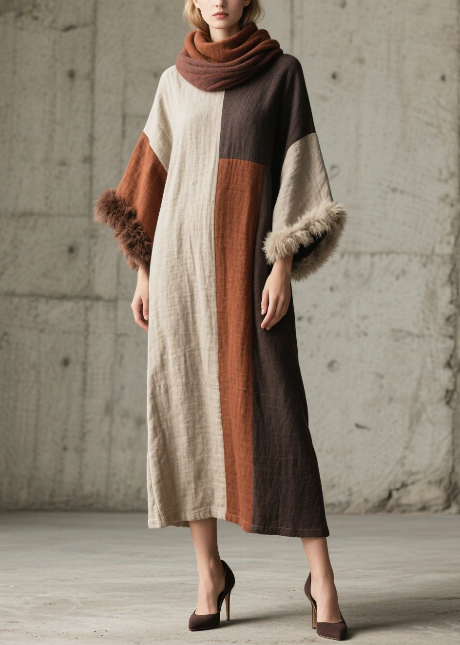 Boho Mixed Color Oversized Patchwork Faux Fur Ankle Dress Flare Sleeve