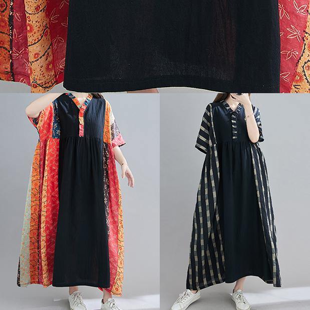 DIY Red Print Tunic V Neck Patchwork  Spring Dresses