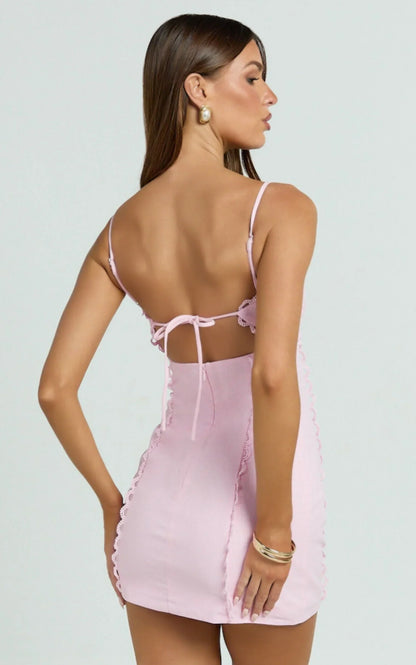 Gigi Mini Linen Blend Dress - Sweetheart Tie Back Scallop Detail Dress In Pink