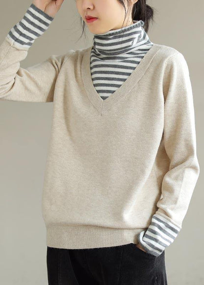 Comfy Beige Blouse Patchwork High Neck Plus Size  Knitted Blouse