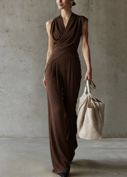 Loose Coffee Wrinkled Tops And Wide Leg Pants Silk Two-Piece Set Summer
