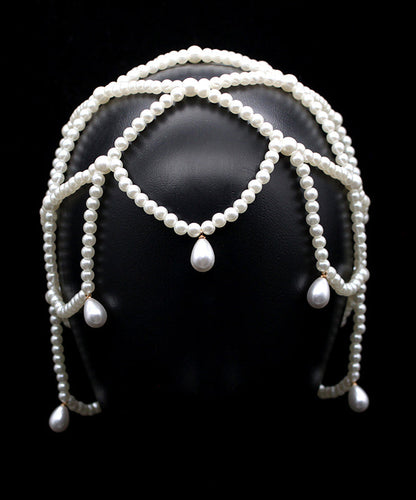 Elegant White Pearl Beading Hollow Out Tassel Hair Band