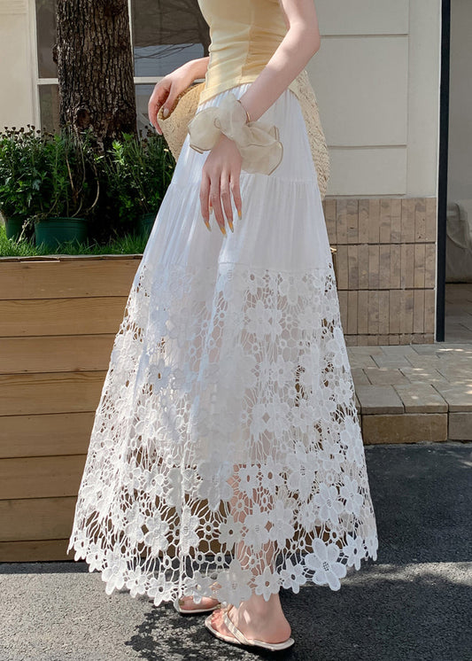 Women White Embroidered Patchwork Lace Beach Skirts Summer