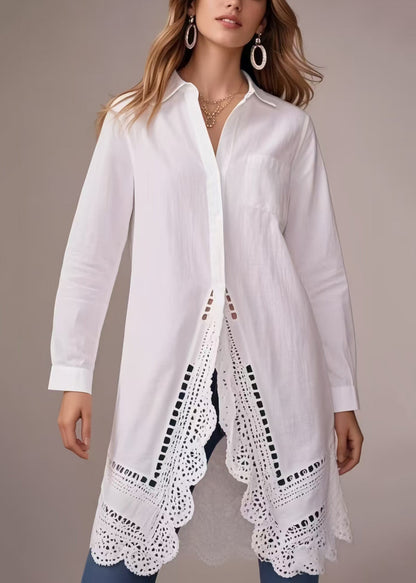 Plus Size White Oversized Hollow Out Cotton Long Shirts Spring