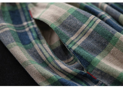 Vintage Cotton and Linen Check Elastic High Waist Plus Size A-Line Skirt
